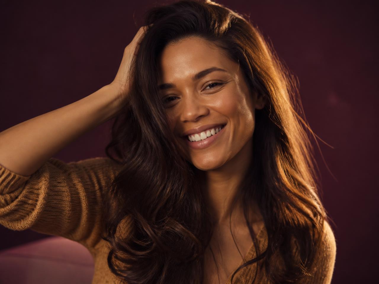 A smiling coloured woman with long, healthy hair running her fingers through it